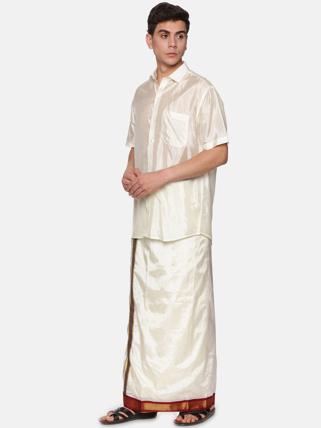 Men Artsilk Half Sleeve Shirt and Contrast Border Pocket Dhoti Set