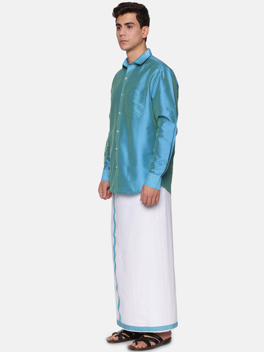 Men Solid Blue Colour Full Sleeve Shirt Pocket Dhoti Set.