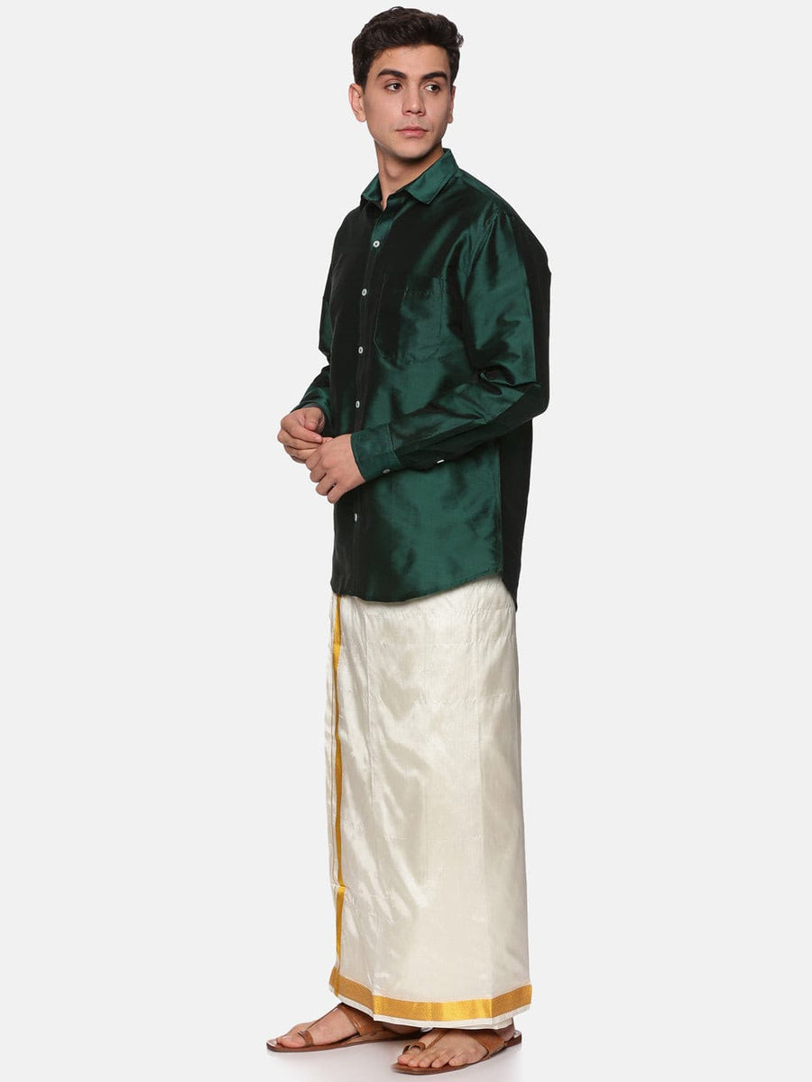 Men Solid Green Colour Full Sleeve Shirt Pocket Dhoti Angavastram Set.