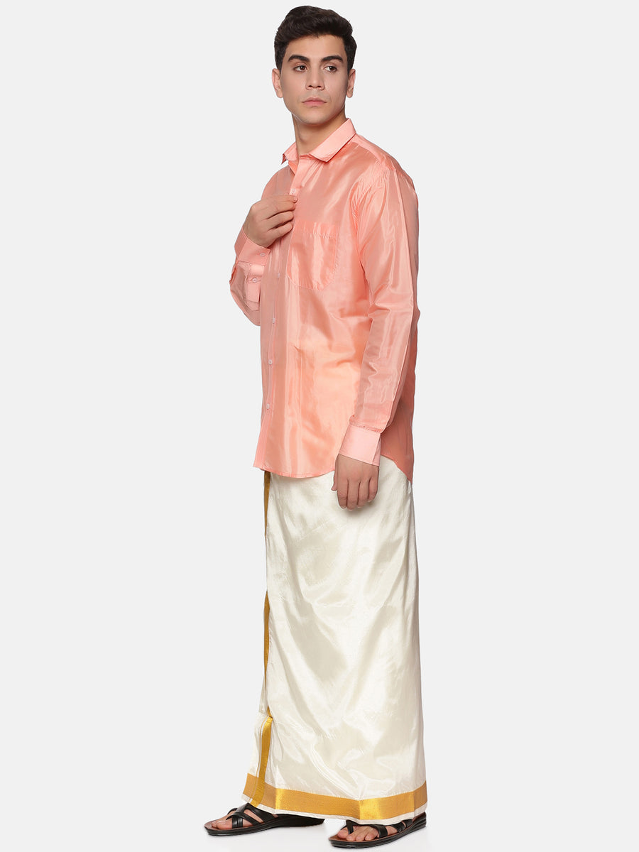 Men Full Sleeve Shirt and Cream Colour Pocket Dhoti Angavastram Set