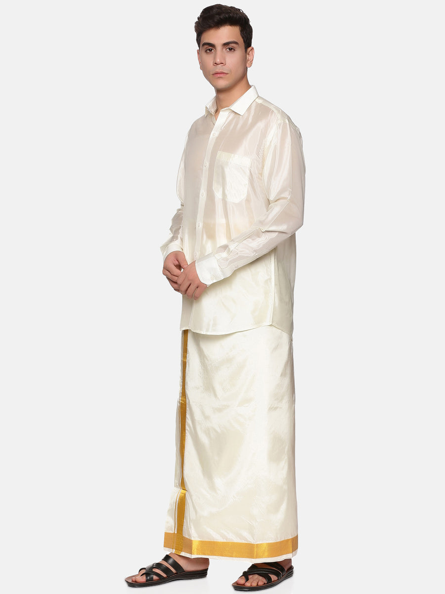 Men Full Sleeve Shirt Readymade Dhoti Angavastram Set