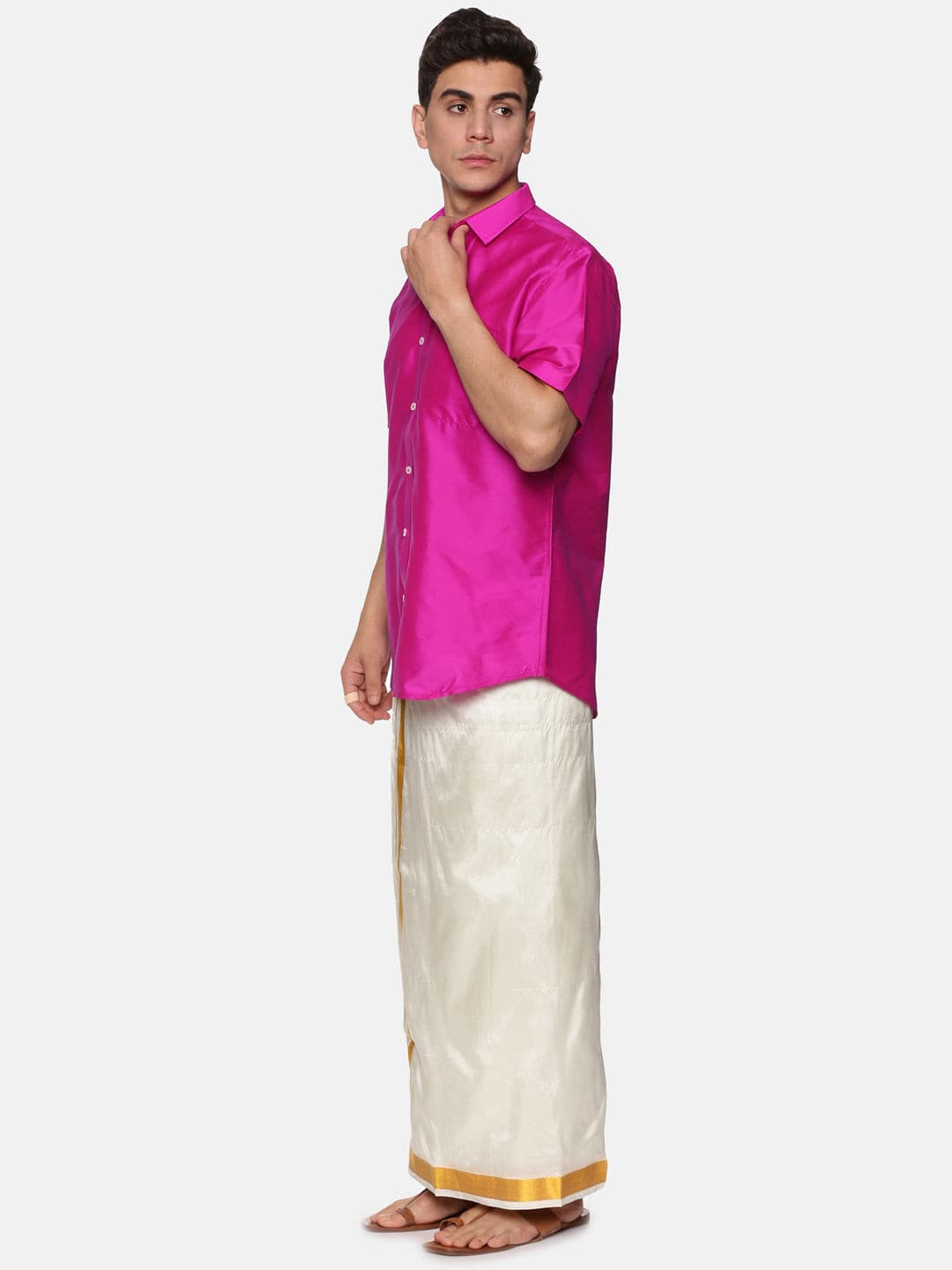 Men Solid Magenta Colour Half Sleeve Shirt Pocket Dhoti Set