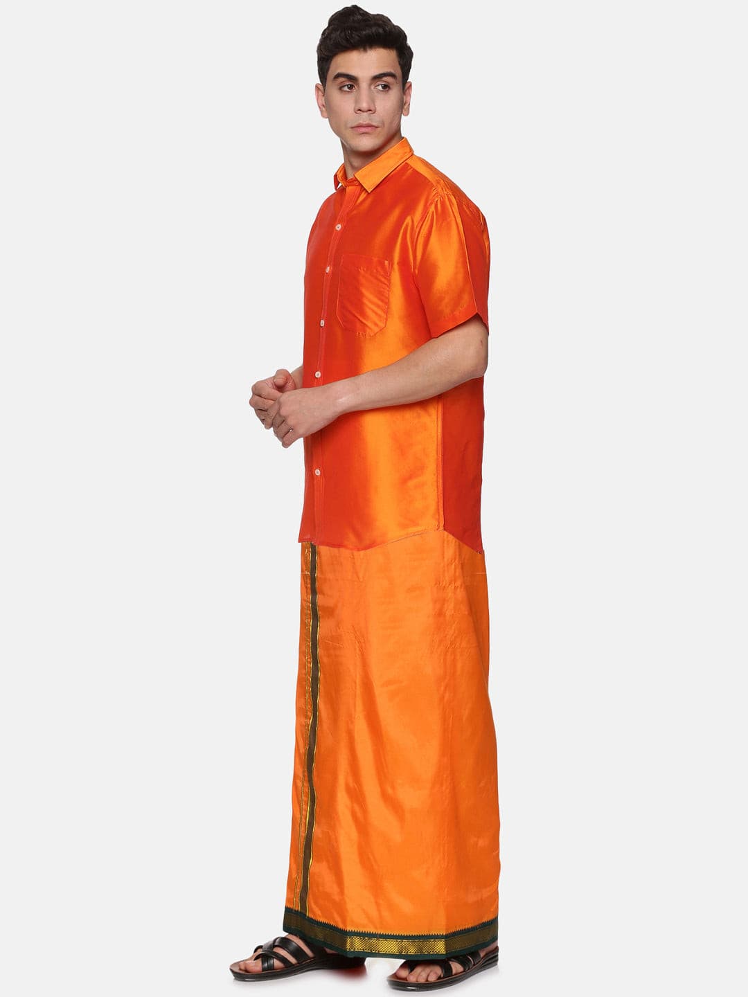 Men Solid Orange Colour Half Sleeve Shirt Pocket Dhoti Set.