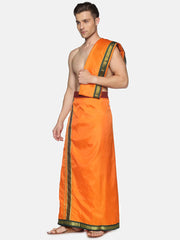 Men Orange Art Silk Readymade Dhoti With Angavastram Set.