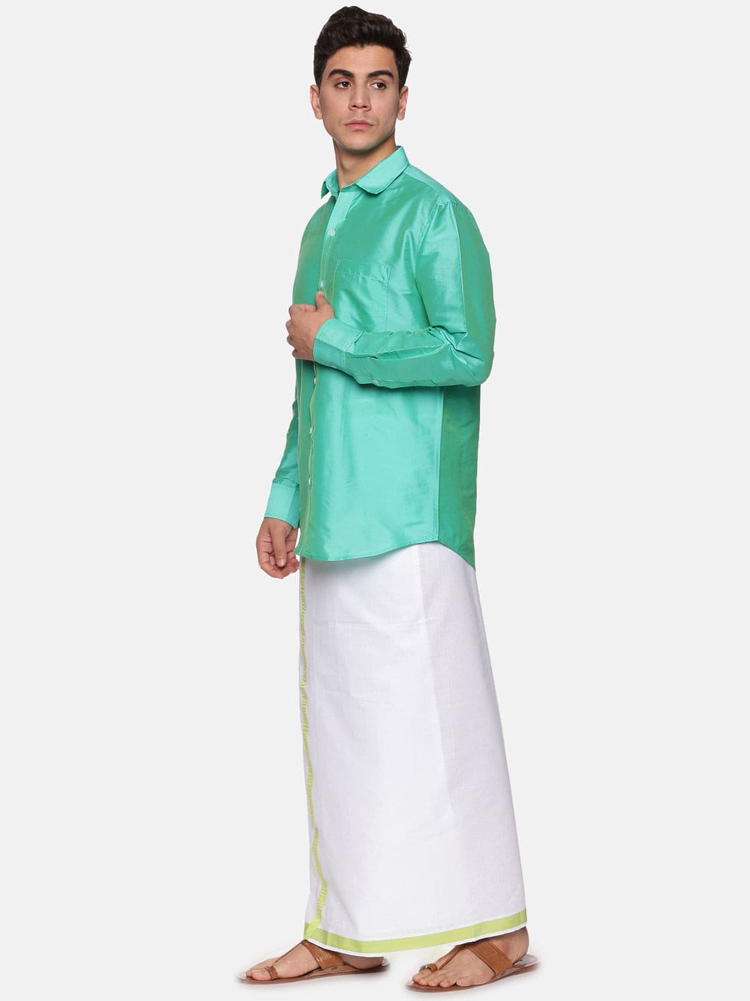 Men Solid Green Colour Full Sleeve Shirt Pocket Dhoti Set