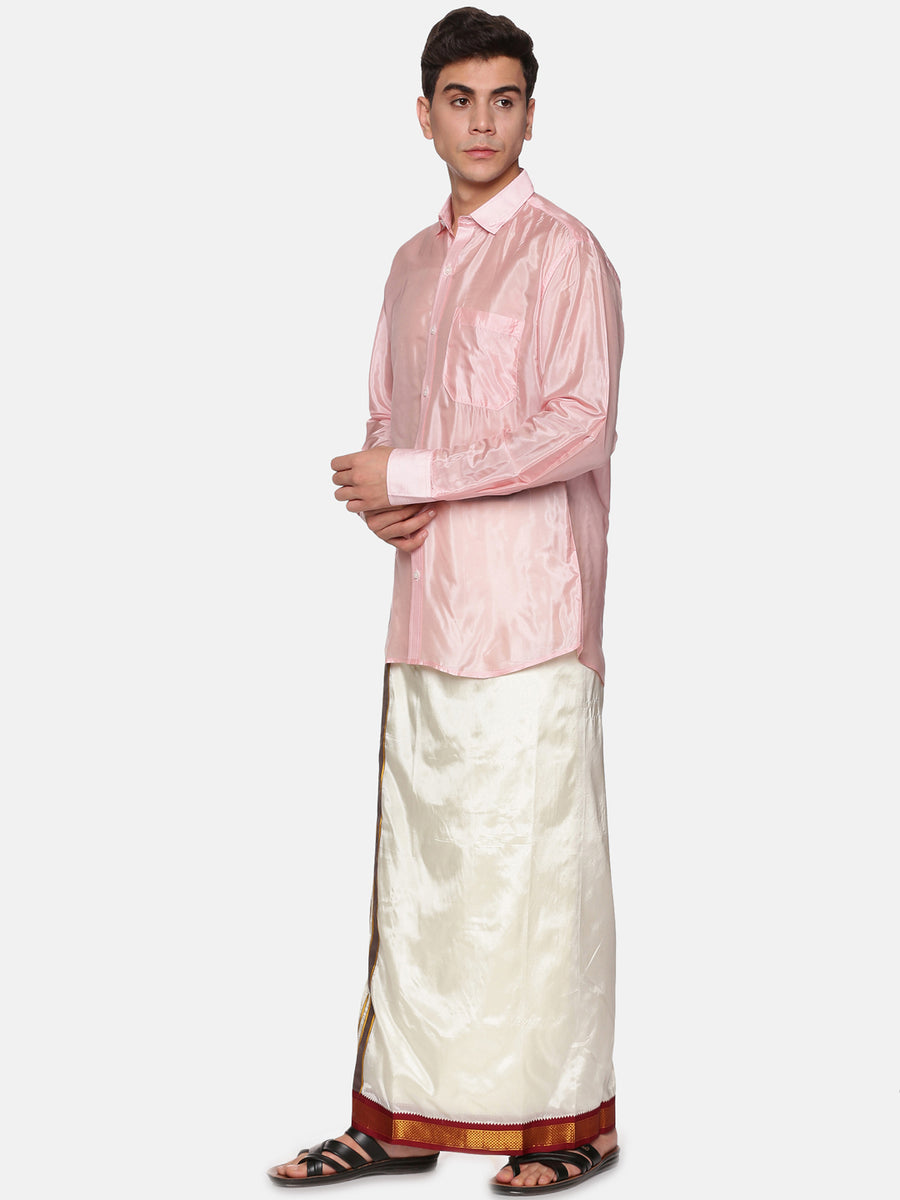 Men Full Sleeve Cream Colour Shirt and Pocket Dhoti Set