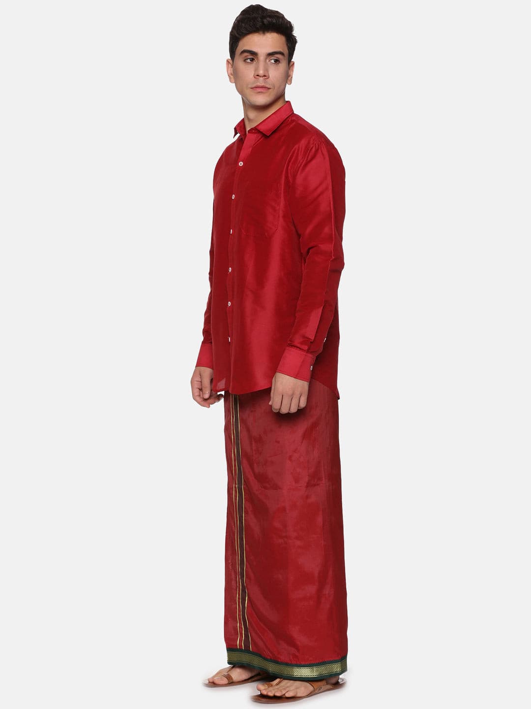 Men Solid Maroon Colour Full Sleeve Shirt Pocket Dhoti Set.