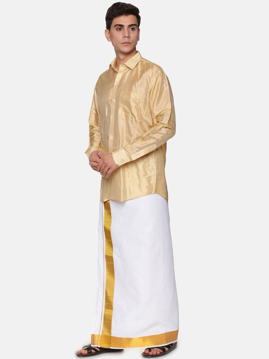 Men Full Sleeve Cream Colour Shirt and Pocket Dhoti Set