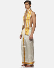 Men Cream Art Silk Readymade Dhoti With Angavastram Set.