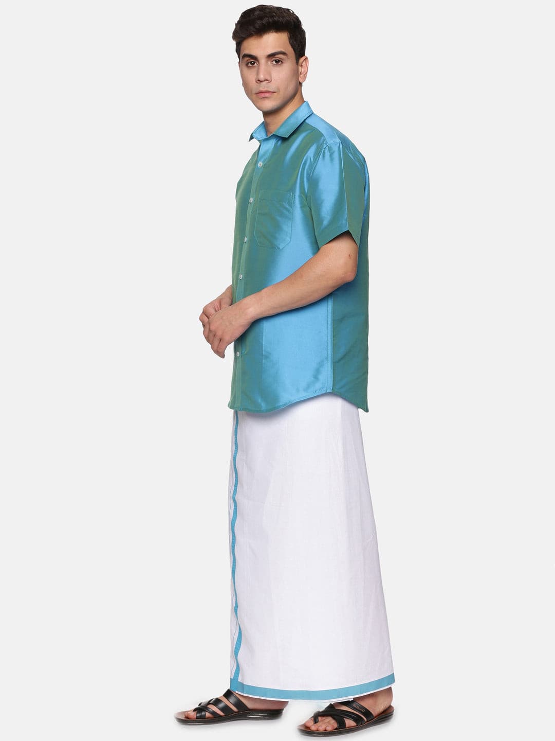 MEN SOLID BLUE COLOUR HALF SLEEVE SHIRT POCKET DHOTI SET.