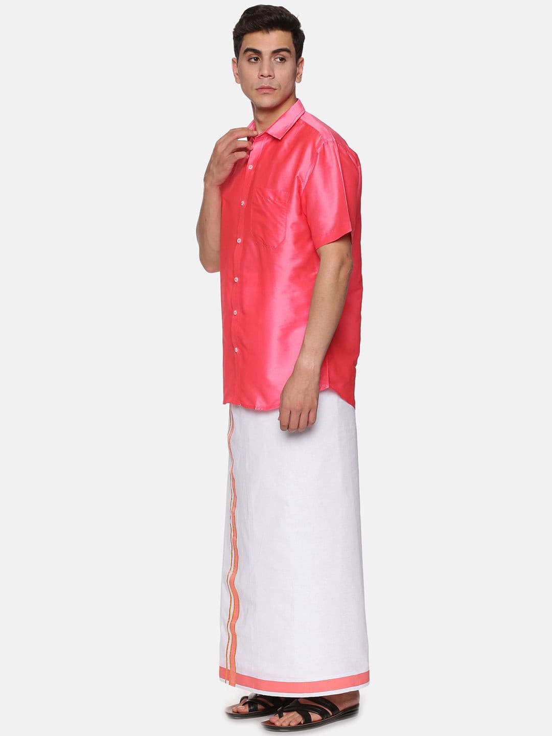 Men Solid Coral Colour Half Sleeve Shirt Pocket Dhoti Set