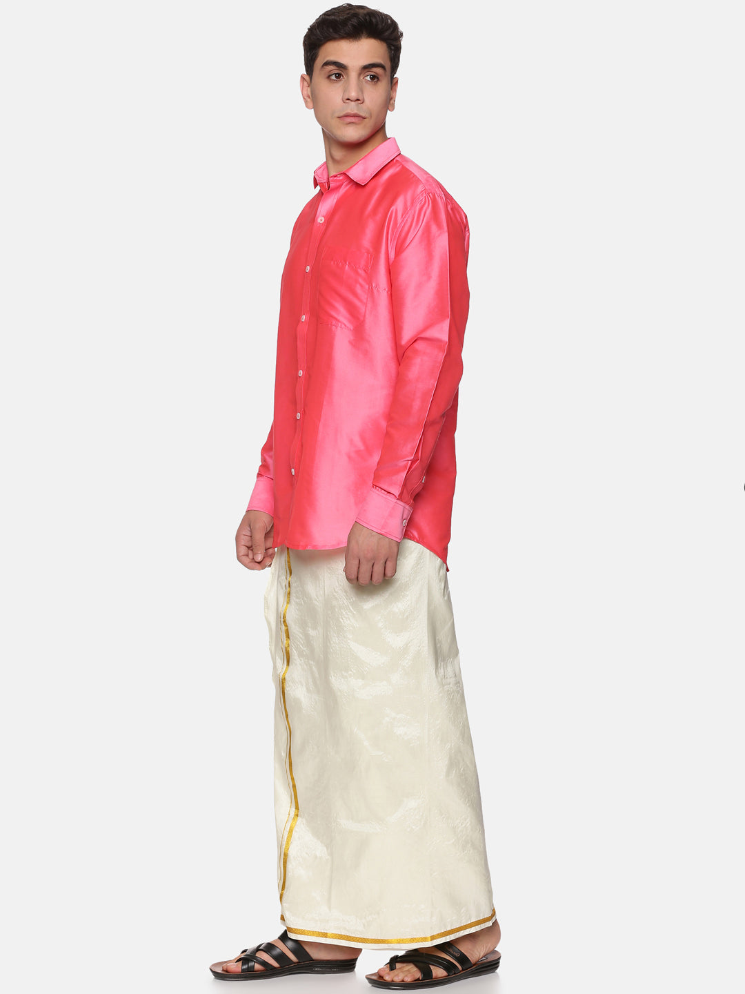 Men Solid Colour Full Sleeve Shirt Pocket Dhoti Set