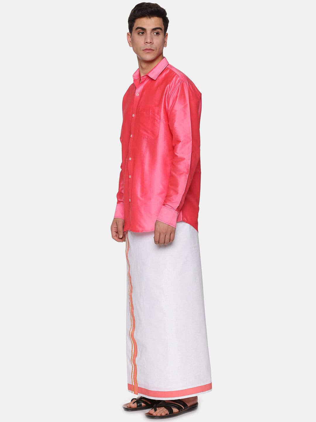 Men Solid Coral Colour Full Sleeve Shirt Pocket Dhoti Set