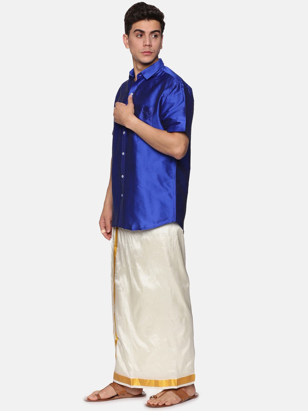 Men Solid Blue Colour Half Sleeve Shirt Pocket Dhoti Set.