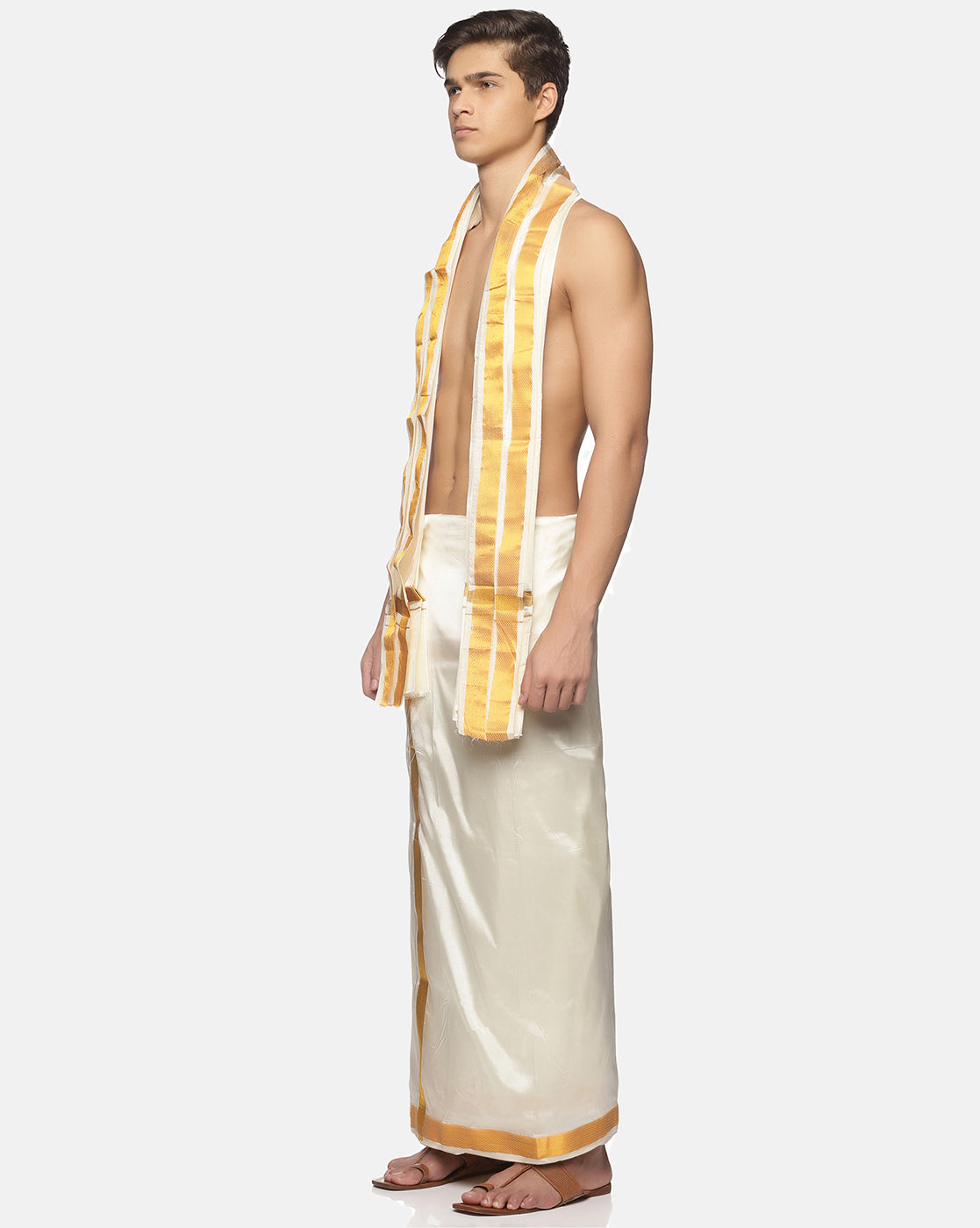 Men Cream Art Silk Readymade Dhoti With Angavastram Set.