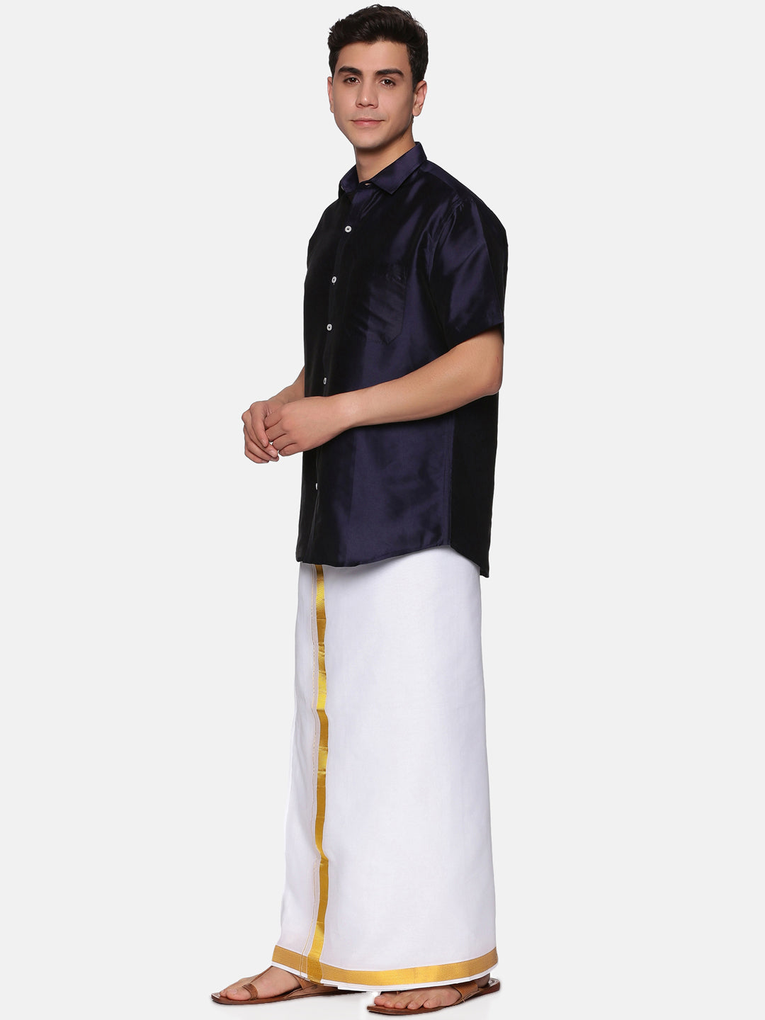 Men Solid Colour Half Sleeve Shirt Pocket Dhoti Angavastram Set