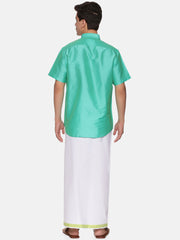 Men Solid Green Colour Half Sleeve Shirt Pocket Dhoti Set