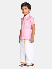 Boys Pink Colour Readymade Shirt With Dhoti Set.