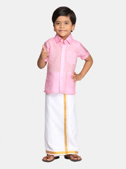 Boys Pink Colour Readymade Shirt With Dhoti Set.
