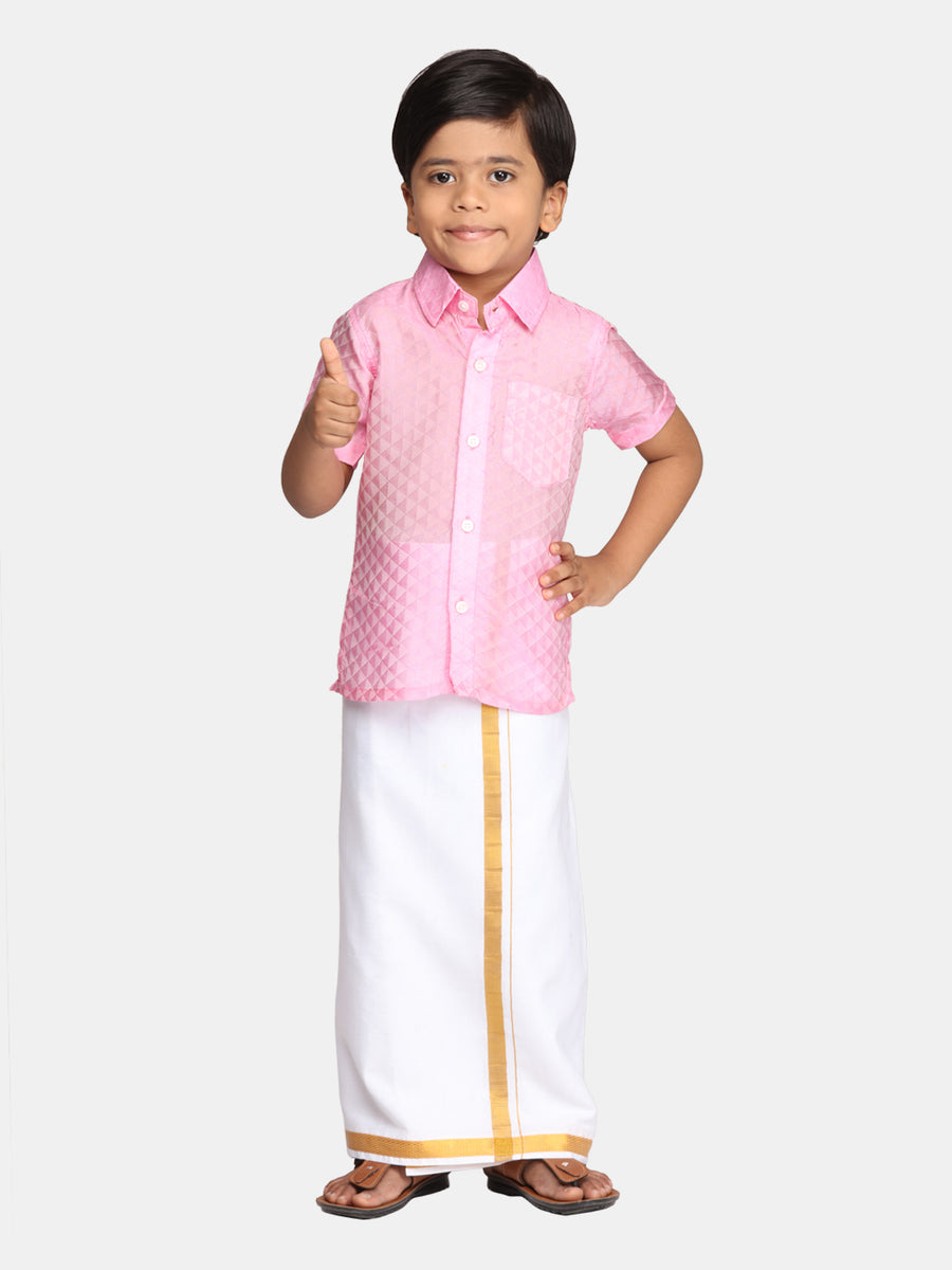 Boys Pink Colour Readymade Shirt With Dhoti Set.