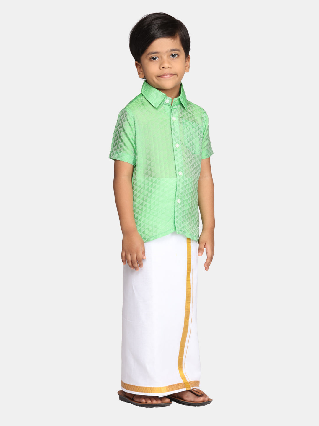 Boys Green Colour Readymade Shirt With Dhoti Set.