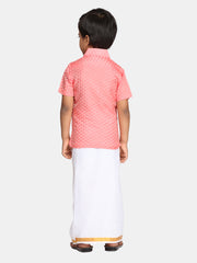 Boys Red Colour Readymade Shirt With Dhoti Set.