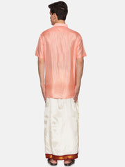 Mens Art Silk Peach Shirt With Cream Dhoti And Angavastram.