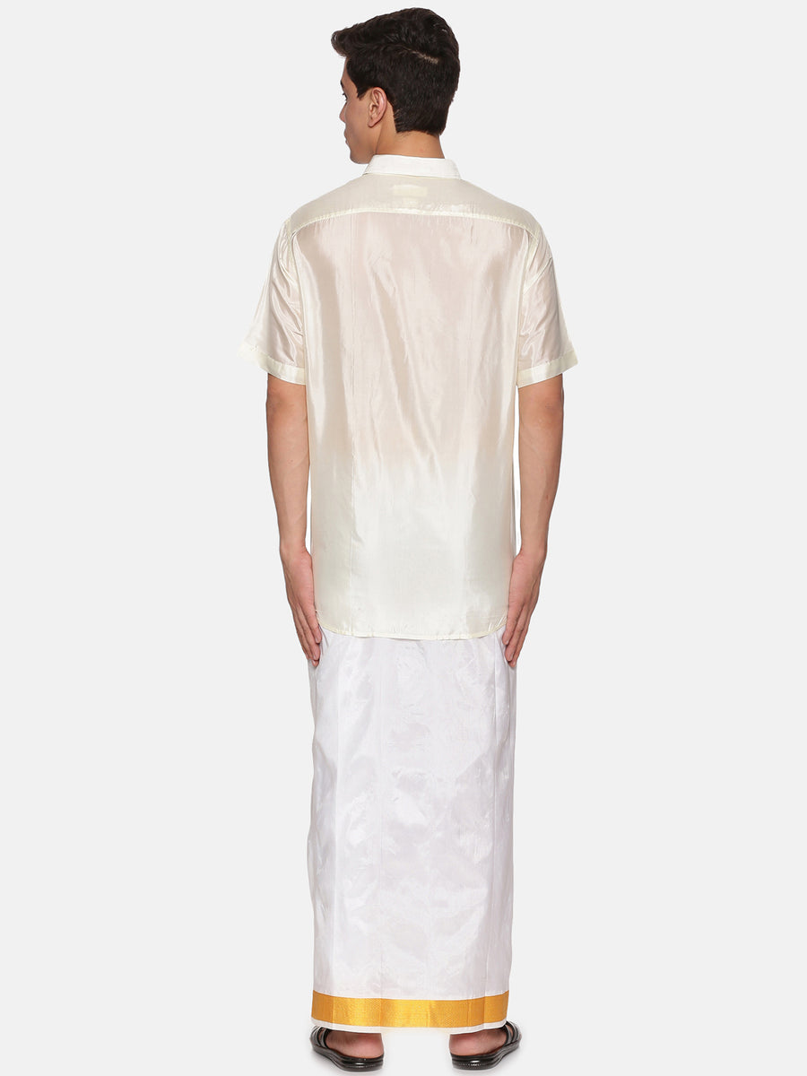Men Artsilk Shirt and Solid White Ready to Wear Dhoti Set