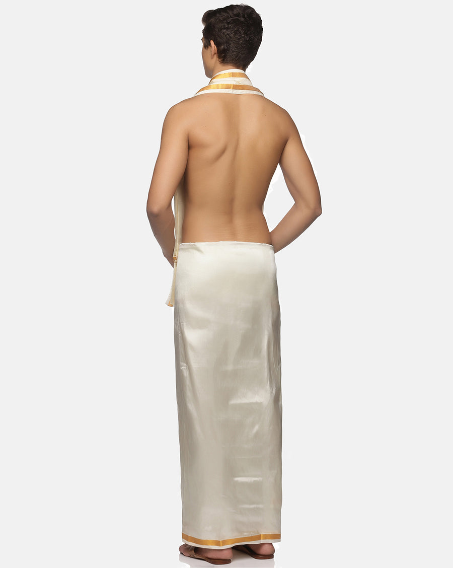 Men Cream Art Silk Readymade Dhoti With Angavastram Set.