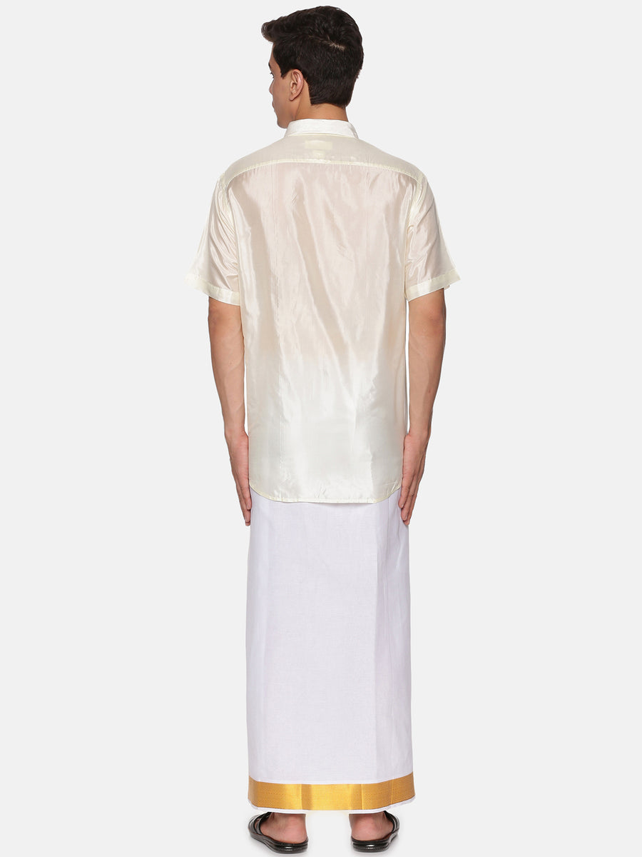 Men Artsilk Shirt and Solid White Ready to Wear Cotton Dhoti Set