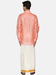 Men Full Sleeve Shirt and Cream Colour Pocket Dhoti Angavastram Set