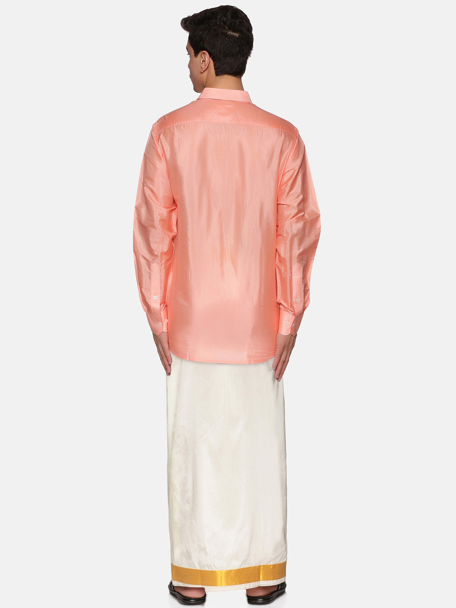 Men Full Sleeve Shirt and Cream Colour Pocket Dhoti Angavastram Set