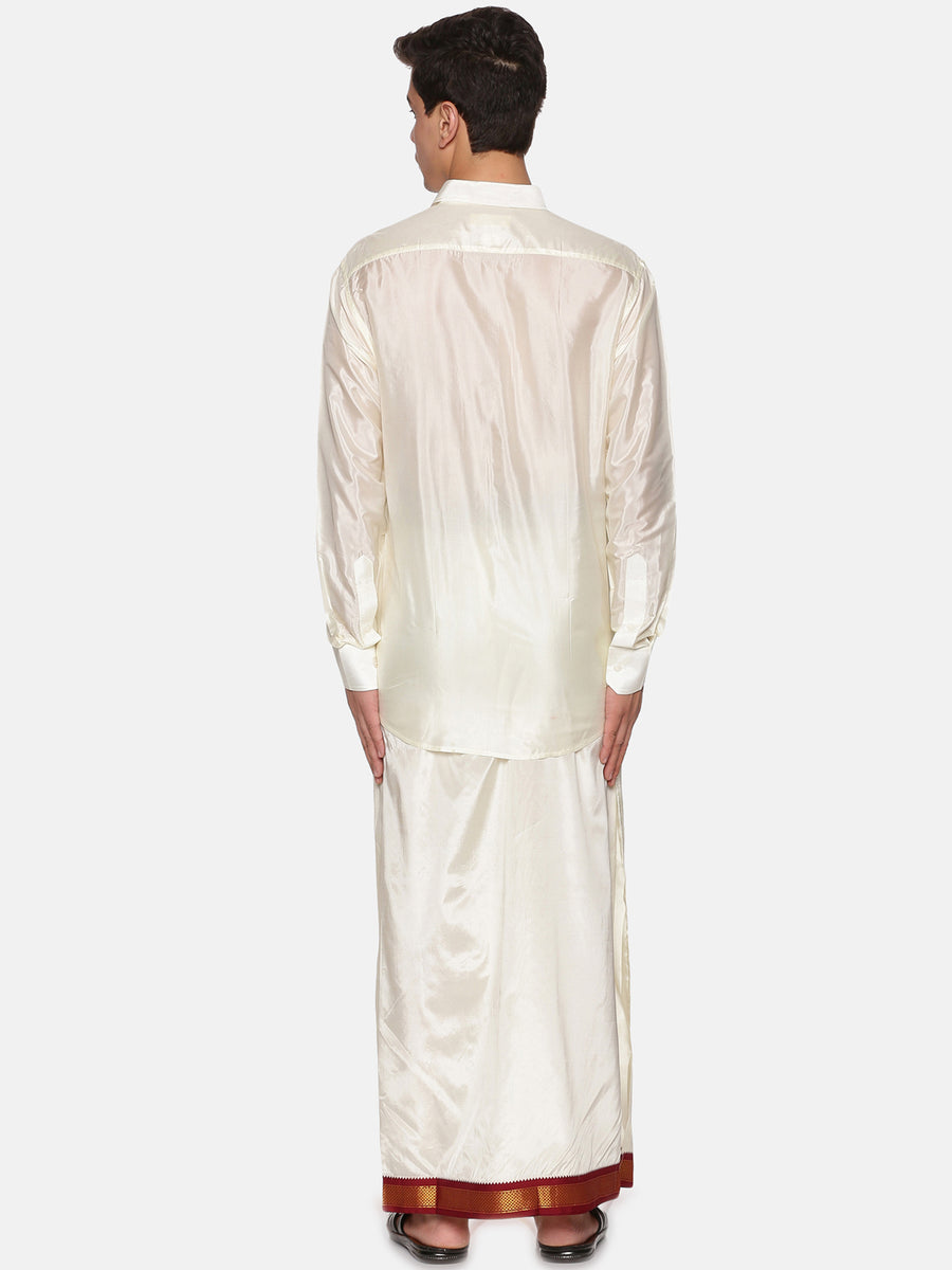 Men Full Sleeve Cream Colour Shirt and Pocket Dhoti Set