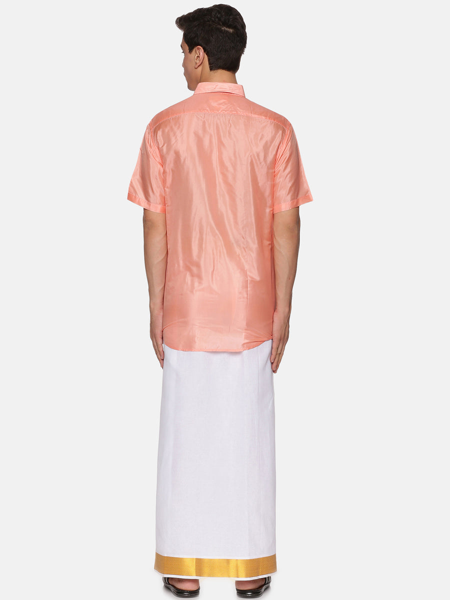 Mens Art Silk Peach Shirt With White Dhoti And Angavastram.