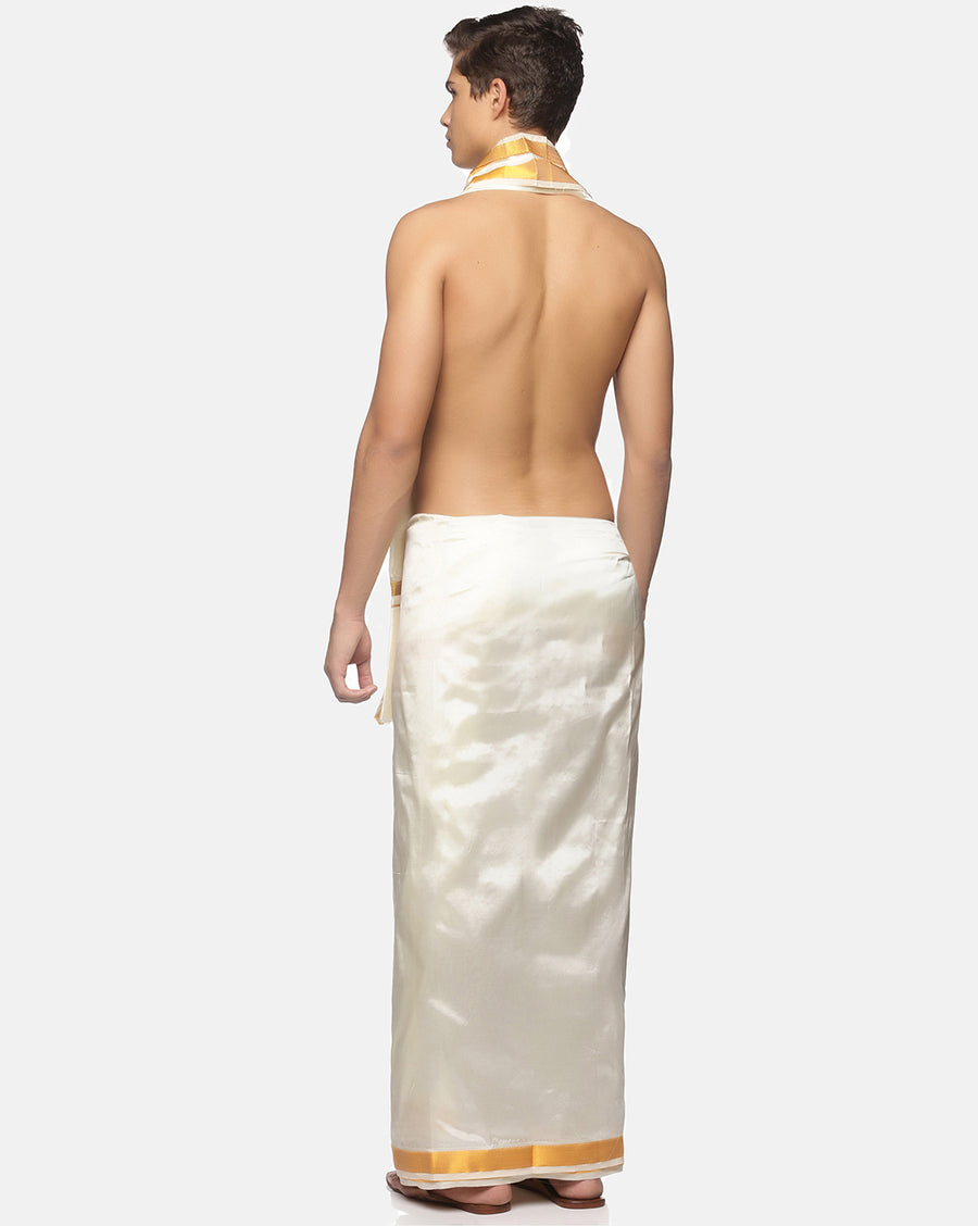 Men Cream Art Silk Readymade Dhoti With Angavastram Set.