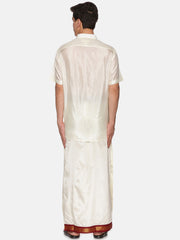 Men Artsilk Half Sleeve Shirt and Contrast Border Pocket Dhoti Set