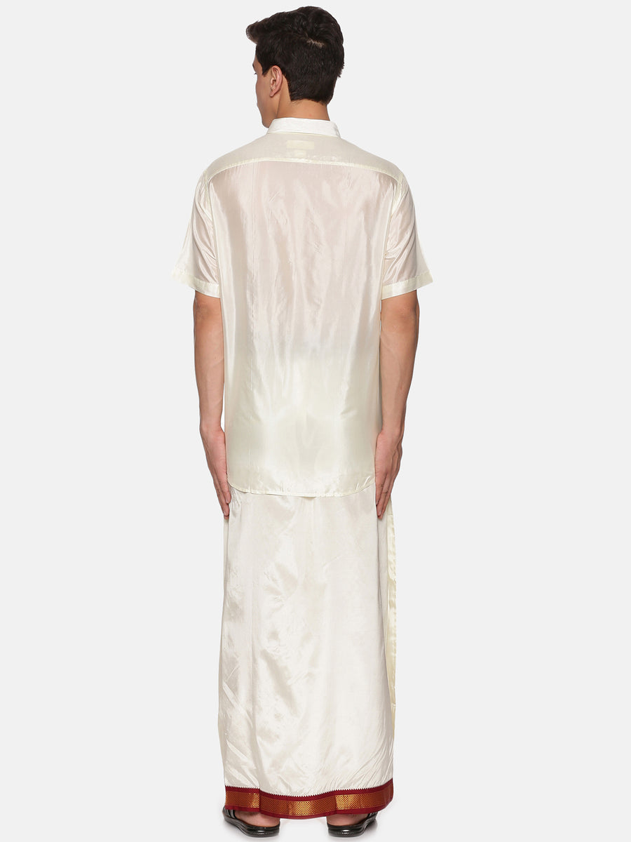 Men Artsilk Half Sleeve Shirt and Contrast Border Pocket Dhoti Set
