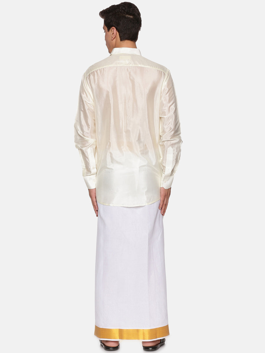 Men Full Sleeve Cream Colour Shirt and Pocket Dhoti Set
