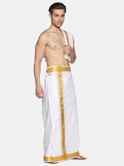 Men White Cotton Readymade Dhoti With Angavastram Set.