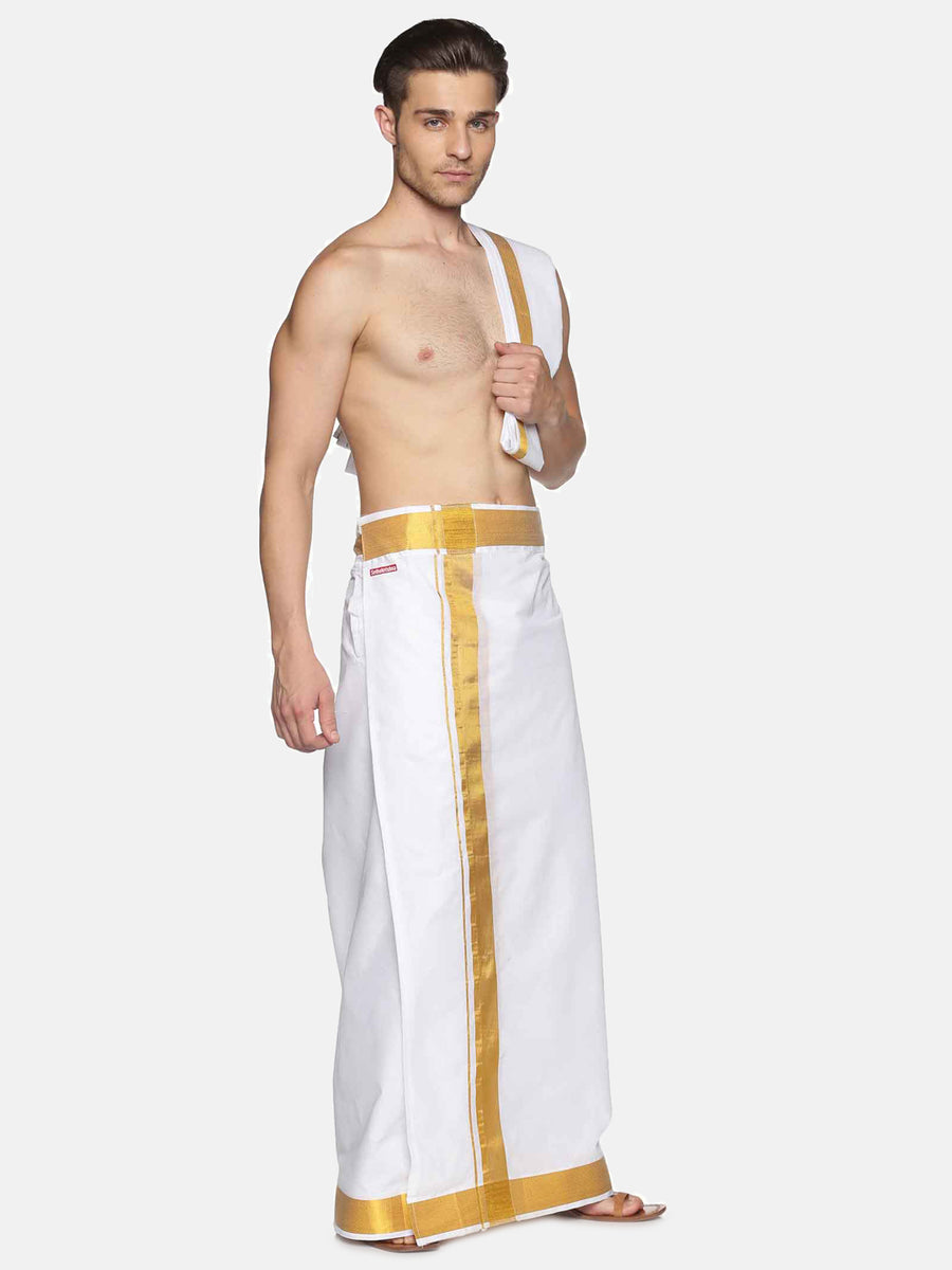 Men White Cotton Readymade Dhoti With Angavastram Set.