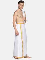 Men White Cotton Readymade Dhoti With Angavastram Set.