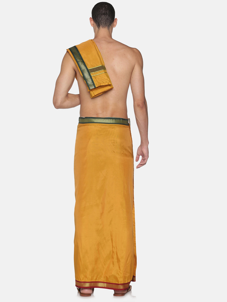 Men Mastard Art Silk Readymade Dhoti With Angavastram Set.