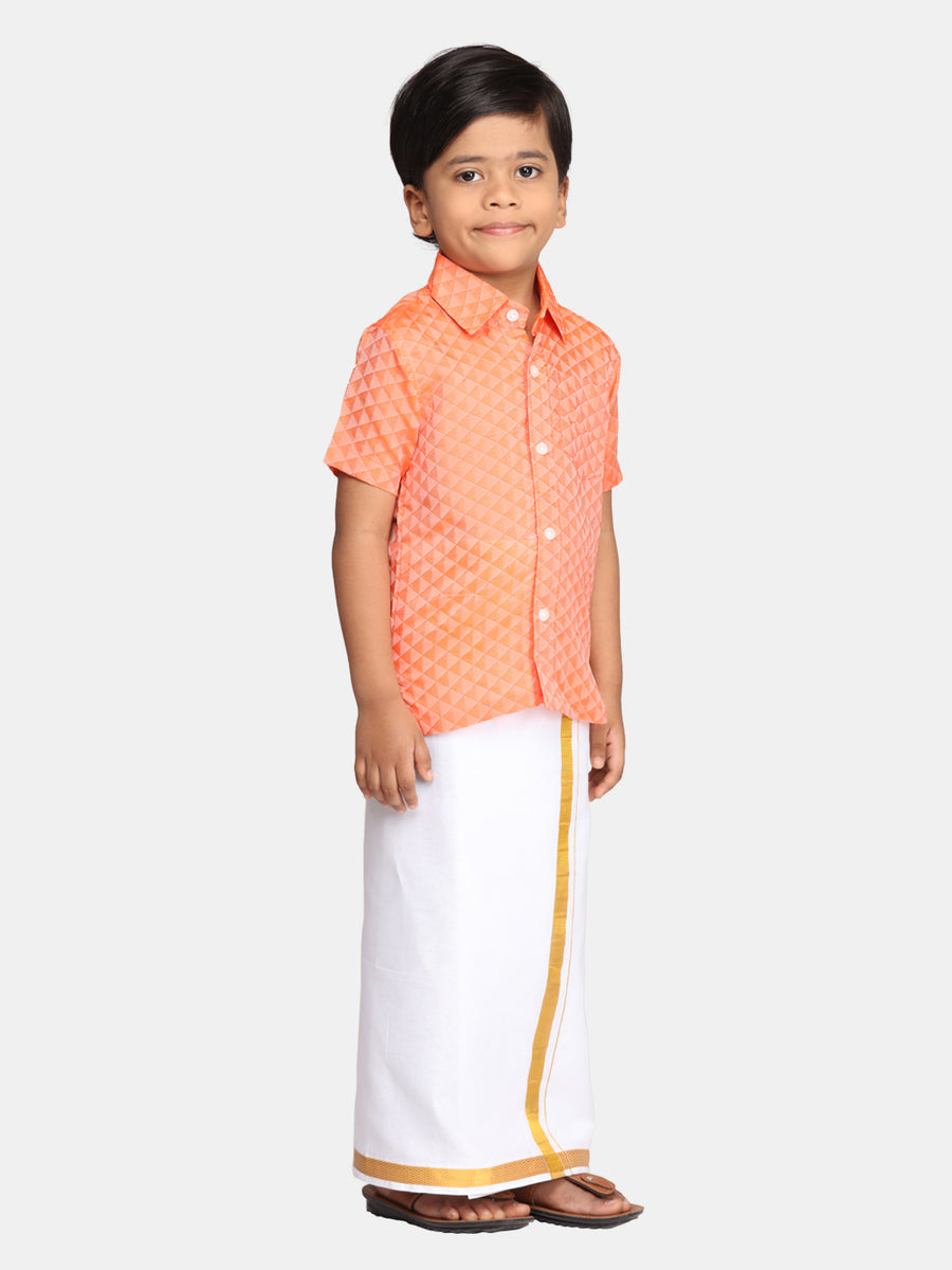 Boys Orange Colour Readymade Shirt With Dhoti Set.