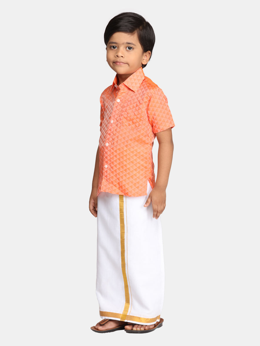 Boys Orange Colour Readymade Shirt With Dhoti Set.