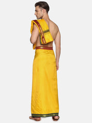 Men Mango Art Silk Readymade Dhoti With Angavastram Set.