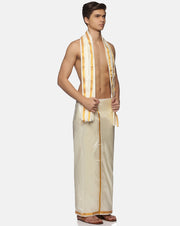 Men Cream Art Silk Readymade Dhoti With Angavastram Set.