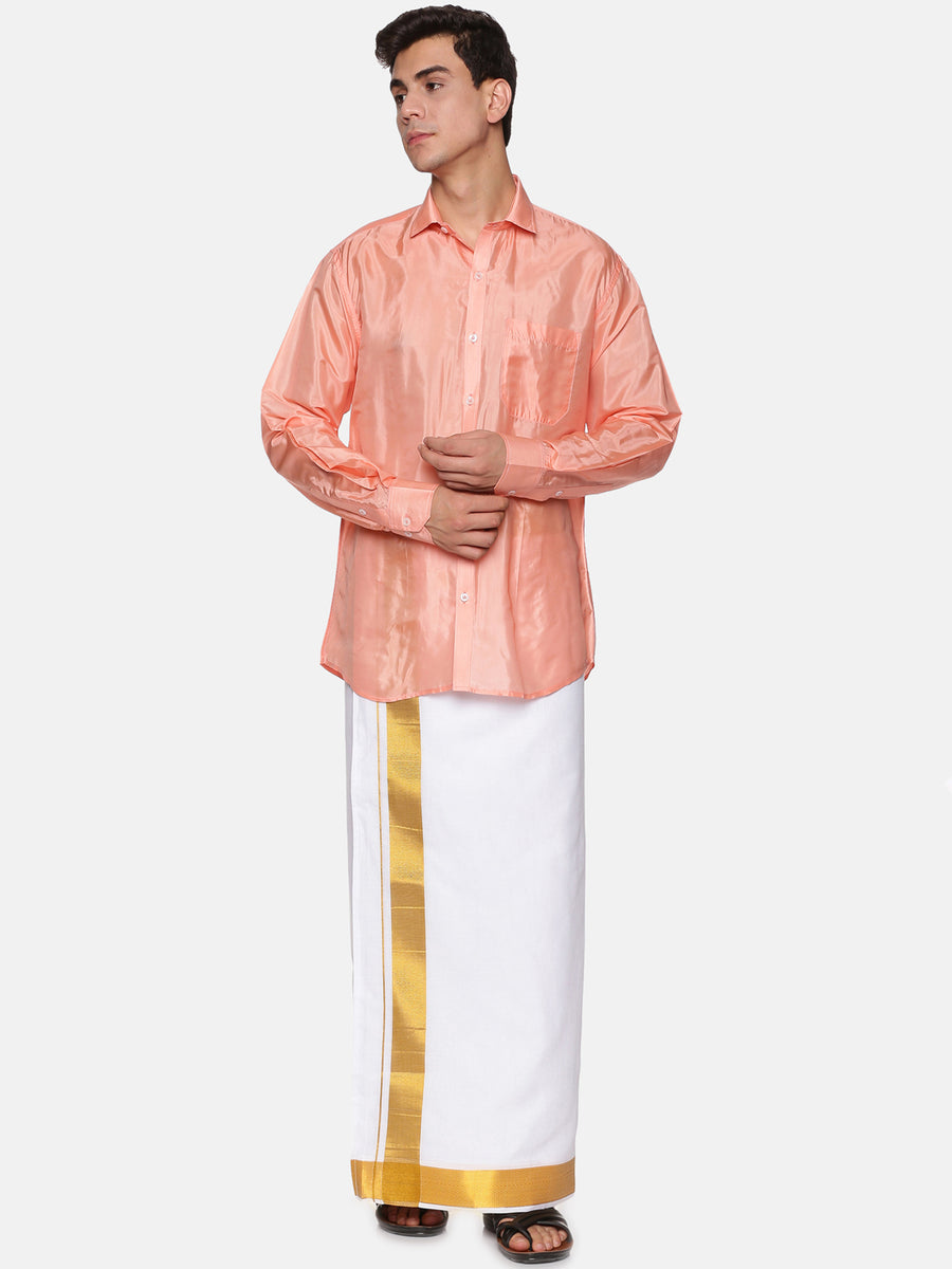 Men Full Sleeve Cream Colour Shirt and Pocket Dhoti Set