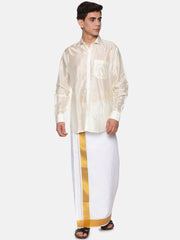 Men Full Sleeve Cream Colour Shirt and Pocket Dhoti Set