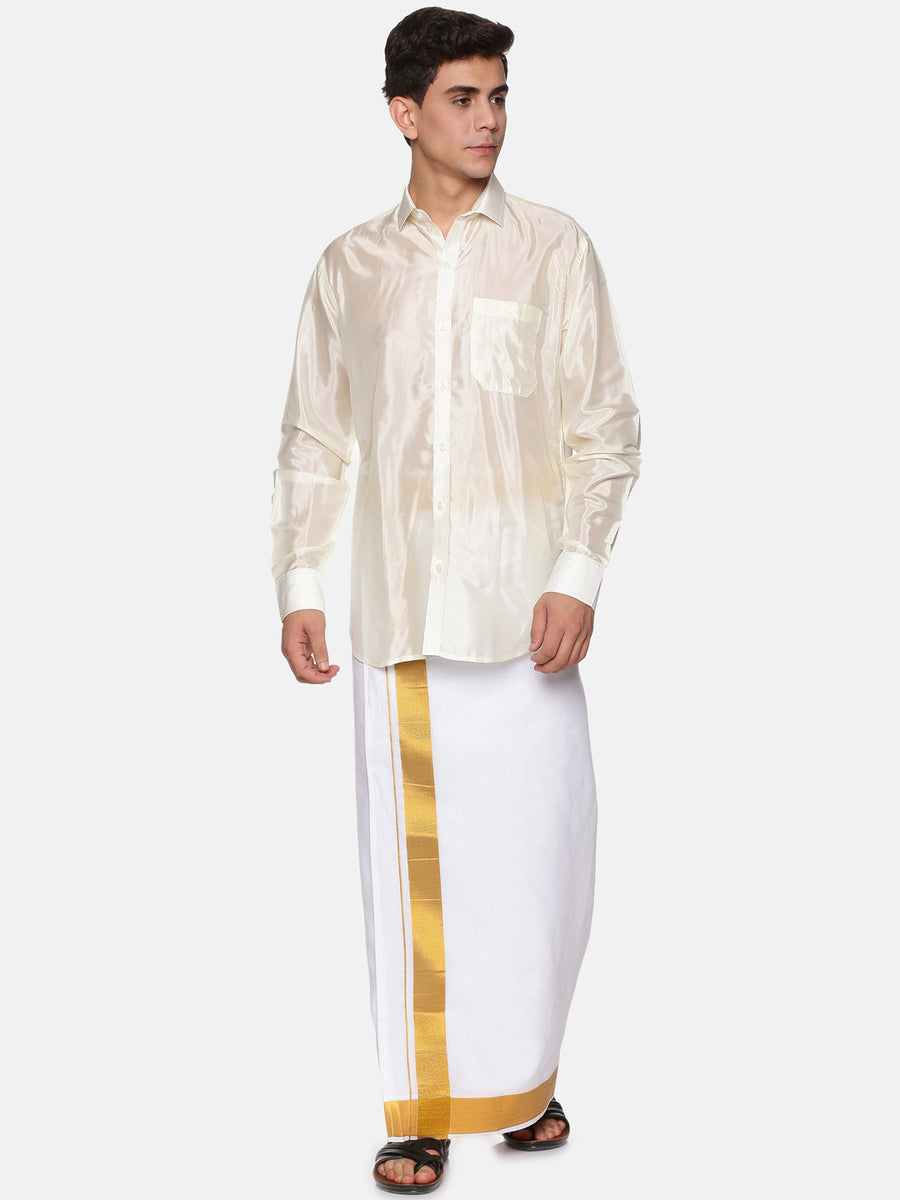 Men Full Sleeve Cream Colour Shirt and Pocket Dhoti Set