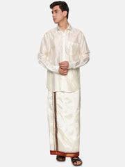 Men Full Sleeve Cream Colour Shirt and Pocket Dhoti Set